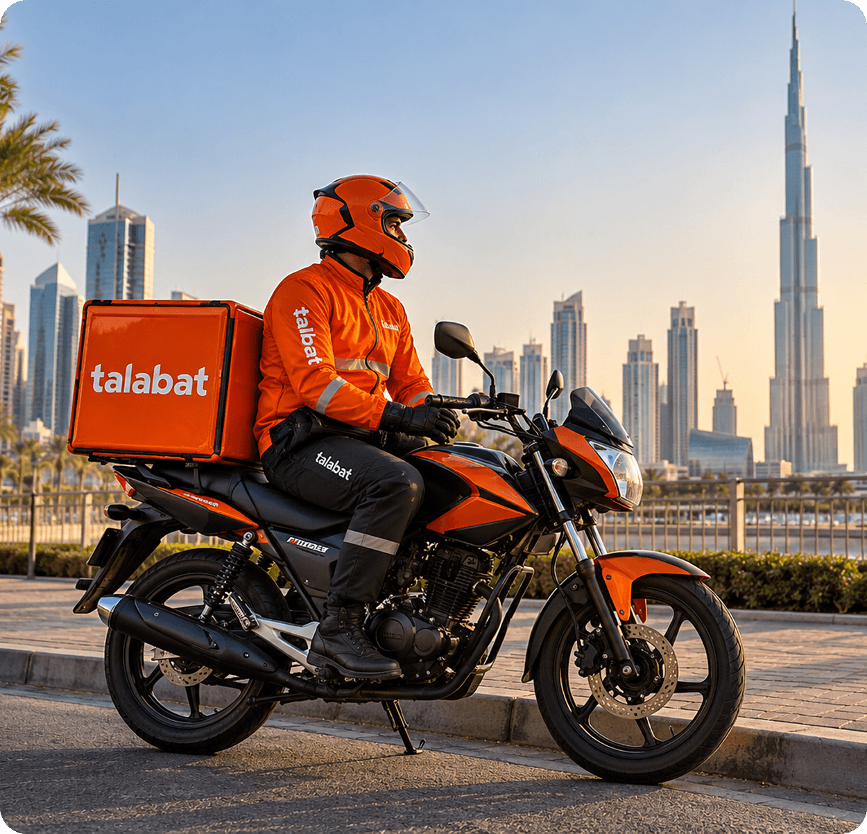 Delivery rider on an orange motorcycle in Dubai