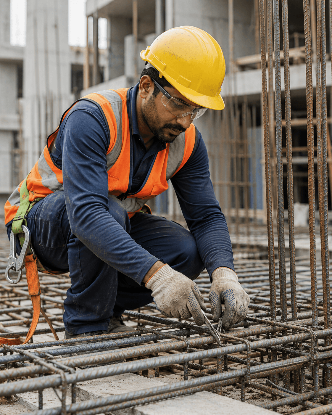 Steel fixer working safely on a construction site