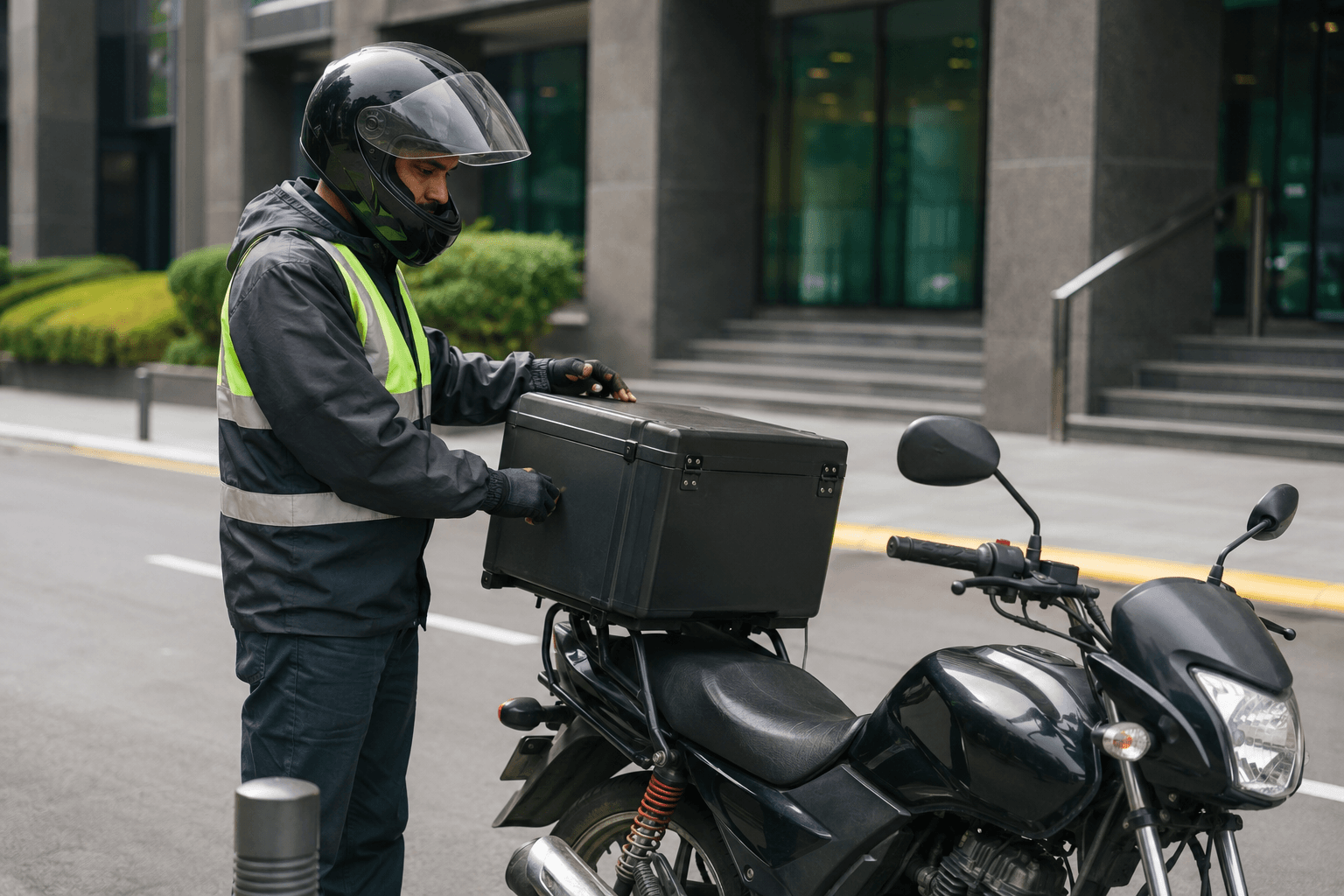 Delivery rider securing a delivery box on a motorcycle