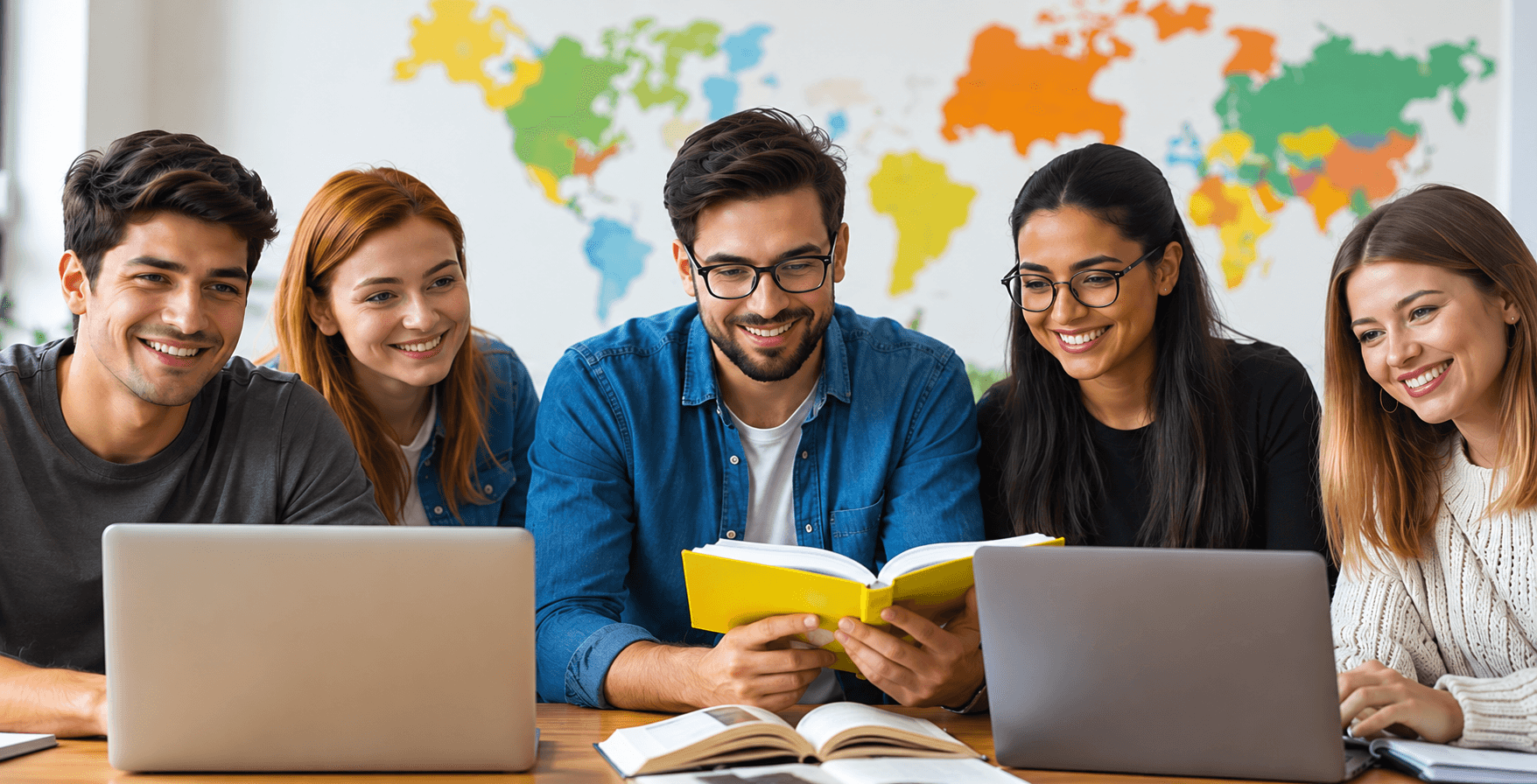 Students studying together with laptops and books in front of a world map