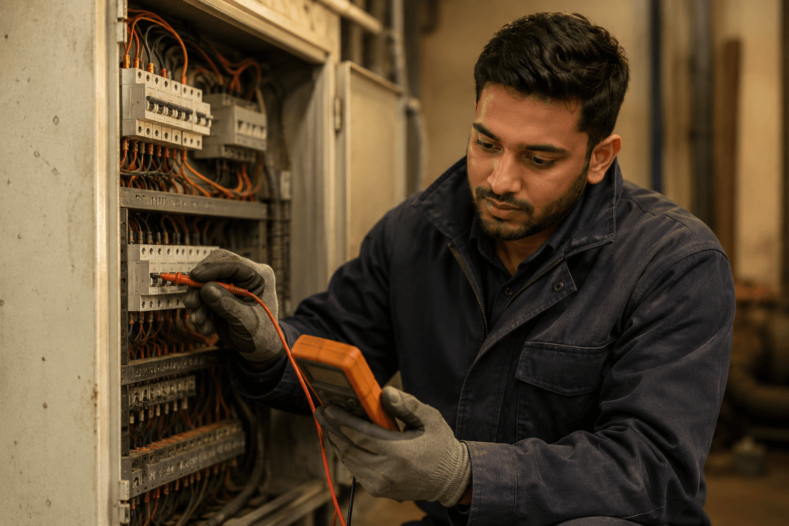 Electrician testing an industrial electrical panel