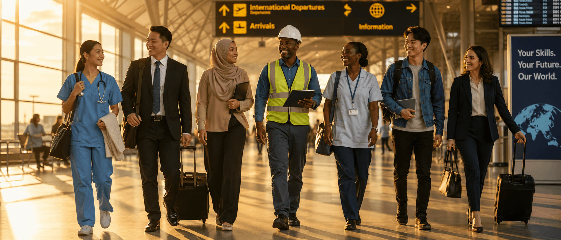 Niyasa Global students, skilled professionals and advisers moving through an international terminal