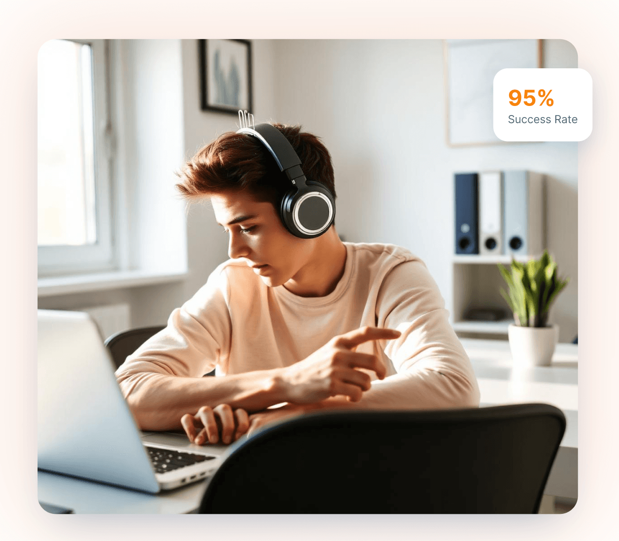 Student wearing headphones while preparing for an English exam beside a laptop