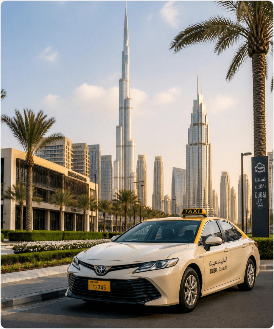 Dubai taxi parked near the Burj Khalifa skyline