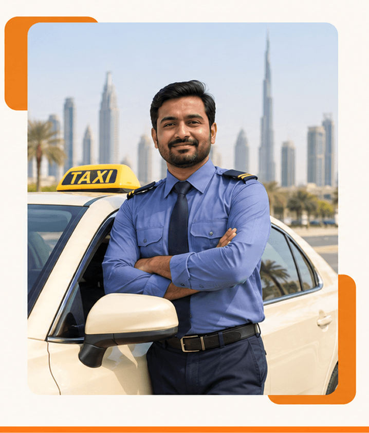 Taxi driver standing beside a Dubai taxi