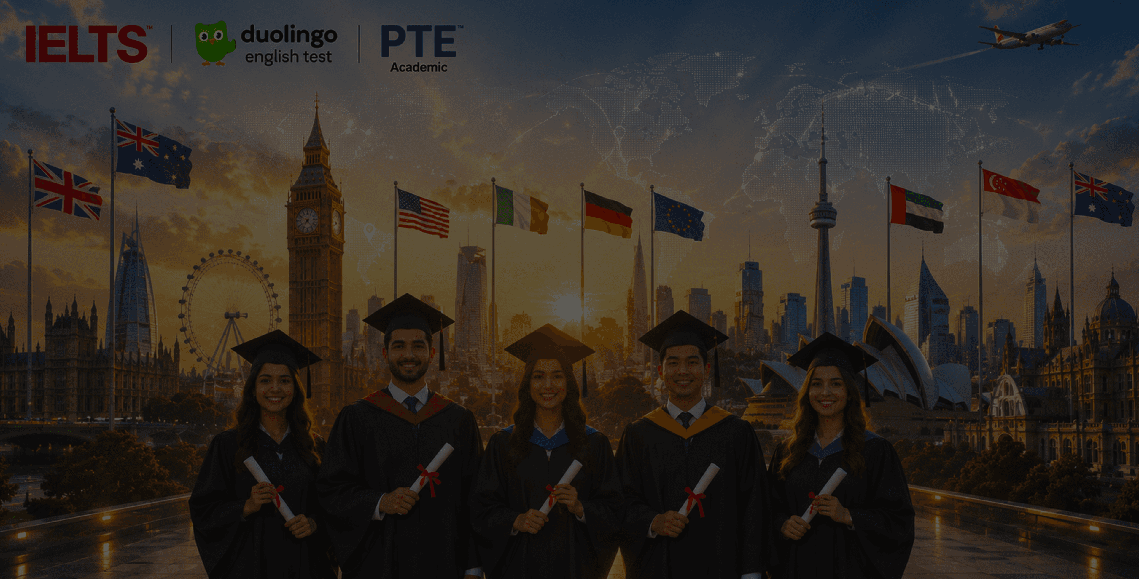 Graduating students with international landmarks and English exam logos
