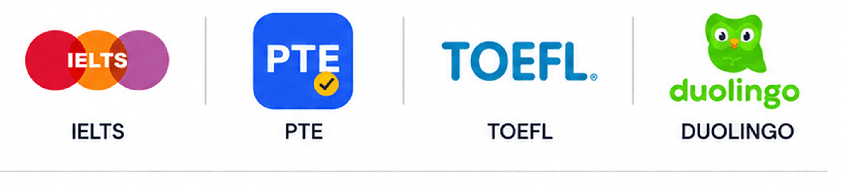 IELTS, PTE, TOEFL and Duolingo test prep course logos