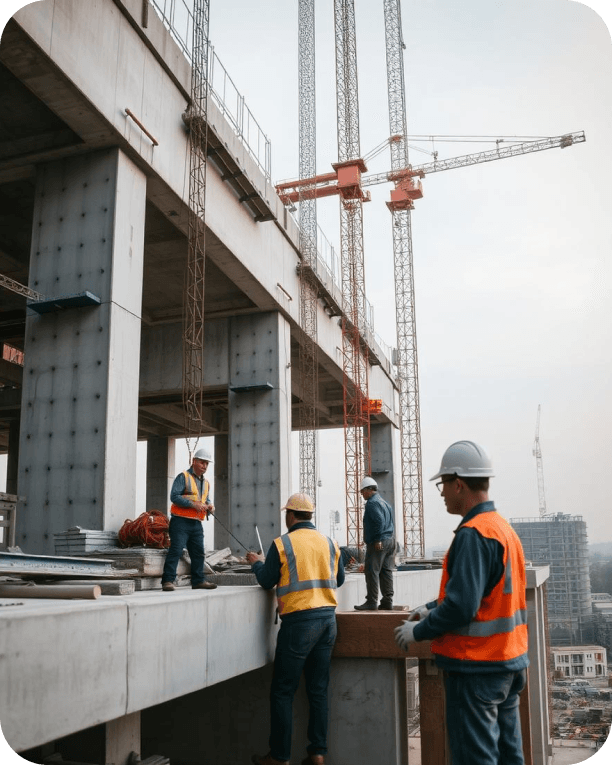 Construction workers in safety vests on a high-rise building site