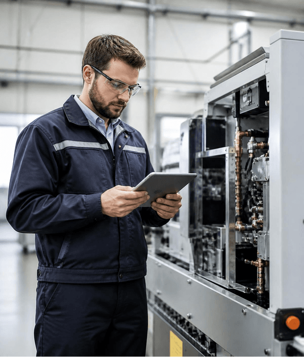 Technician inspecting industrial equipment with a tablet in a manufacturing facility