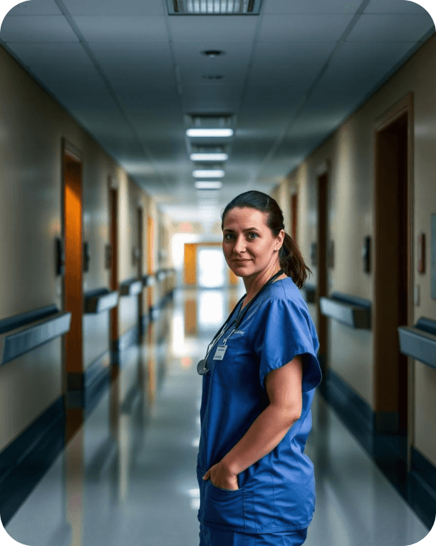 Healthcare professional standing in a hospital corridor
