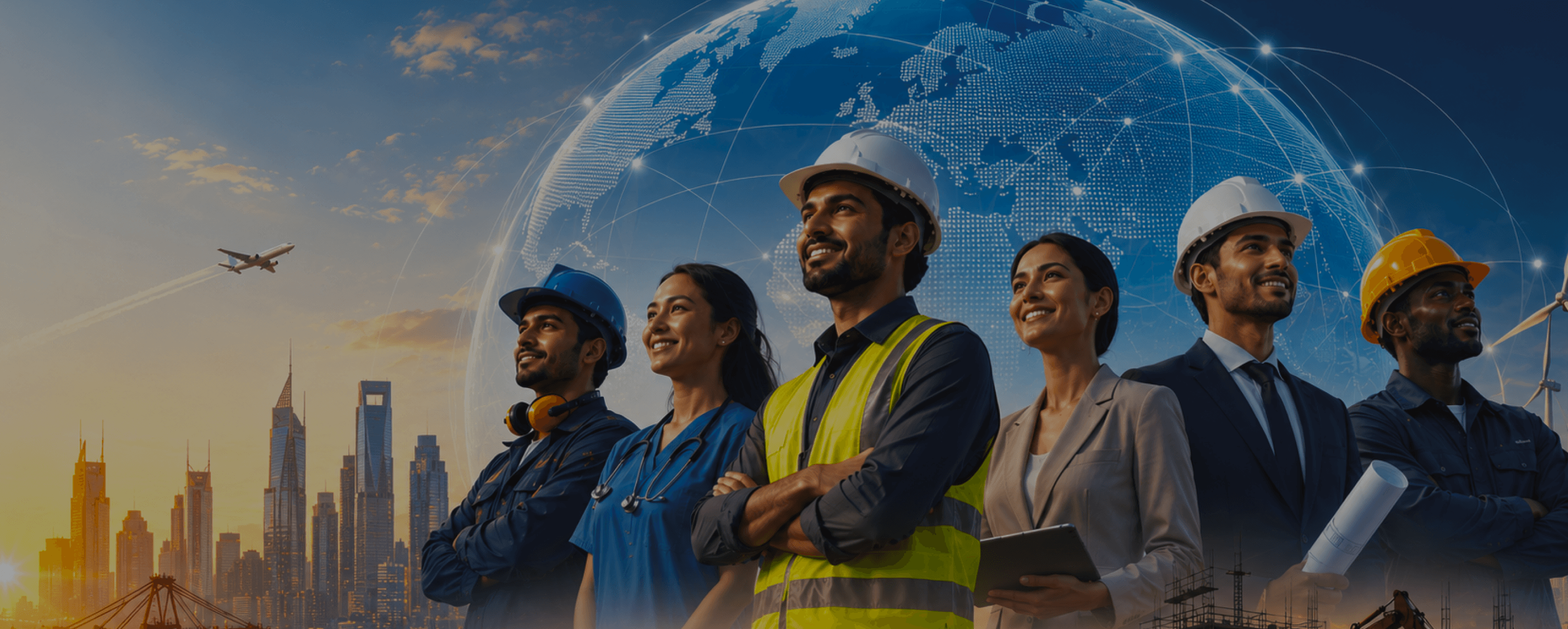 Skilled professionals in helmets and workwear in front of a connected world map