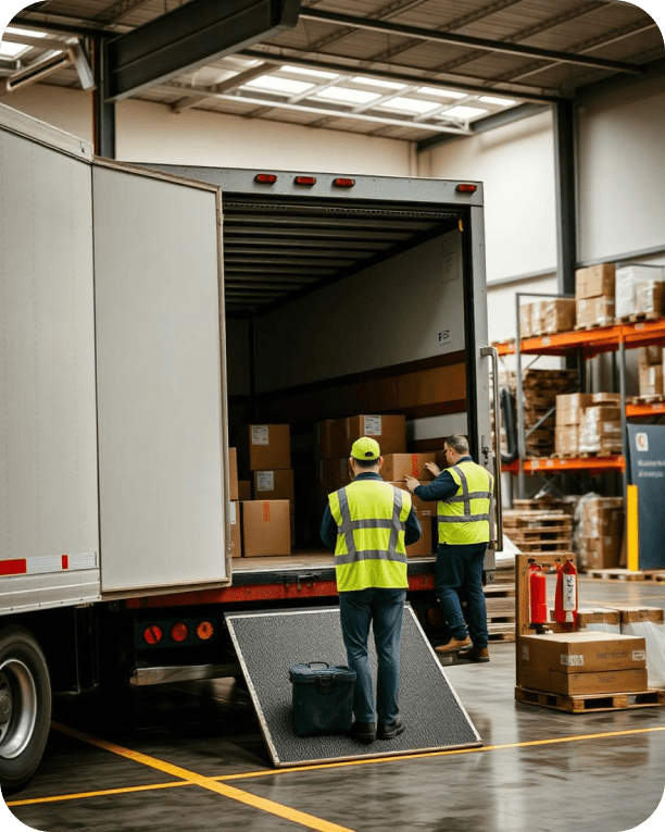 Warehouse workers loading boxes into a truck