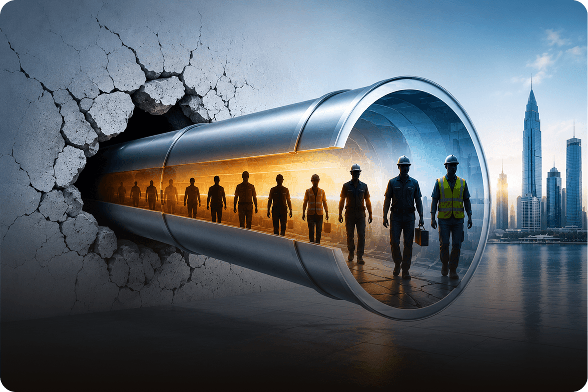A pipeline opening from a cracked wall with workers walking toward a global city