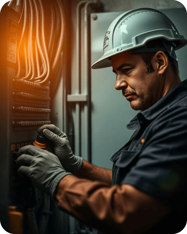 Electrician in a hard hat working on an electrical panel