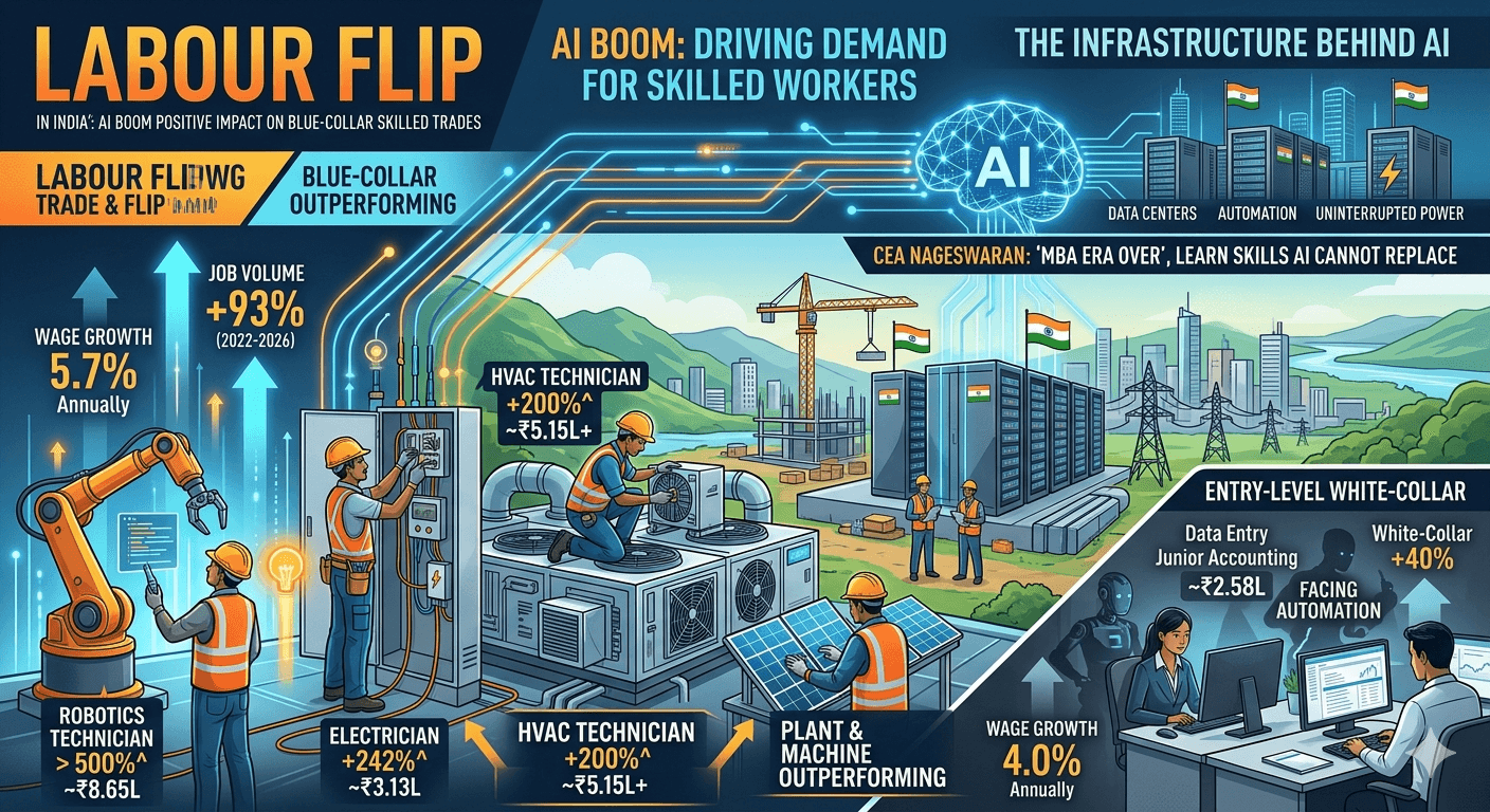Infographic showing India's AI boom driving a 5.7% blue-collar wage growth for skilled technicians (robotics, HVAC), outpacing a 4.0% growth for automating white-collar desk jobs.