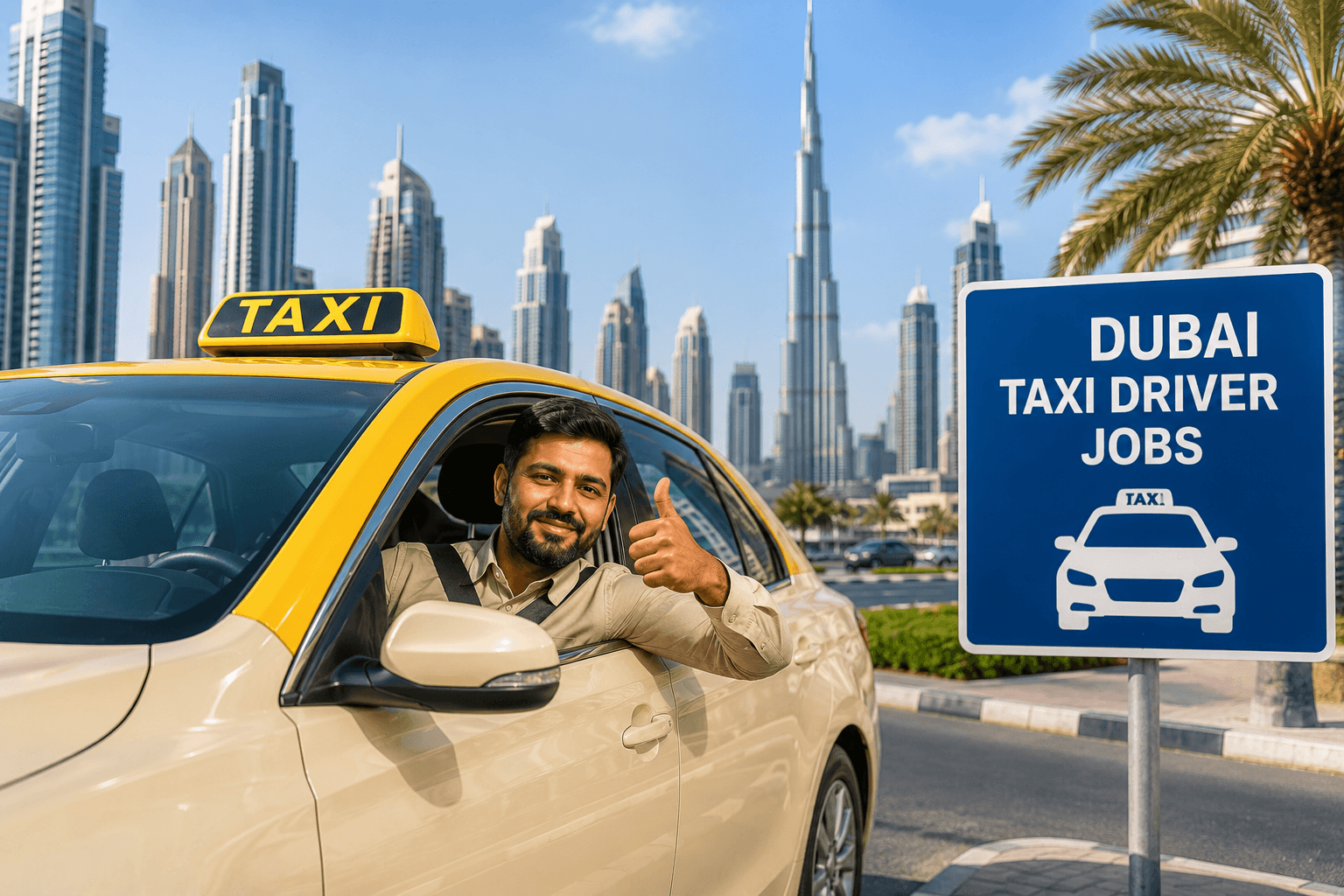 Dubai taxi driver jobs with taxi and Dubai skyline